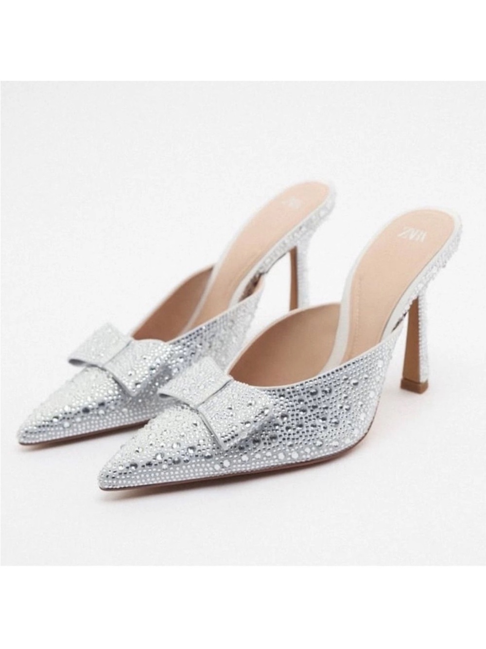 Zara Silver Crystal Pointed-Toe Mule Heels with Bow